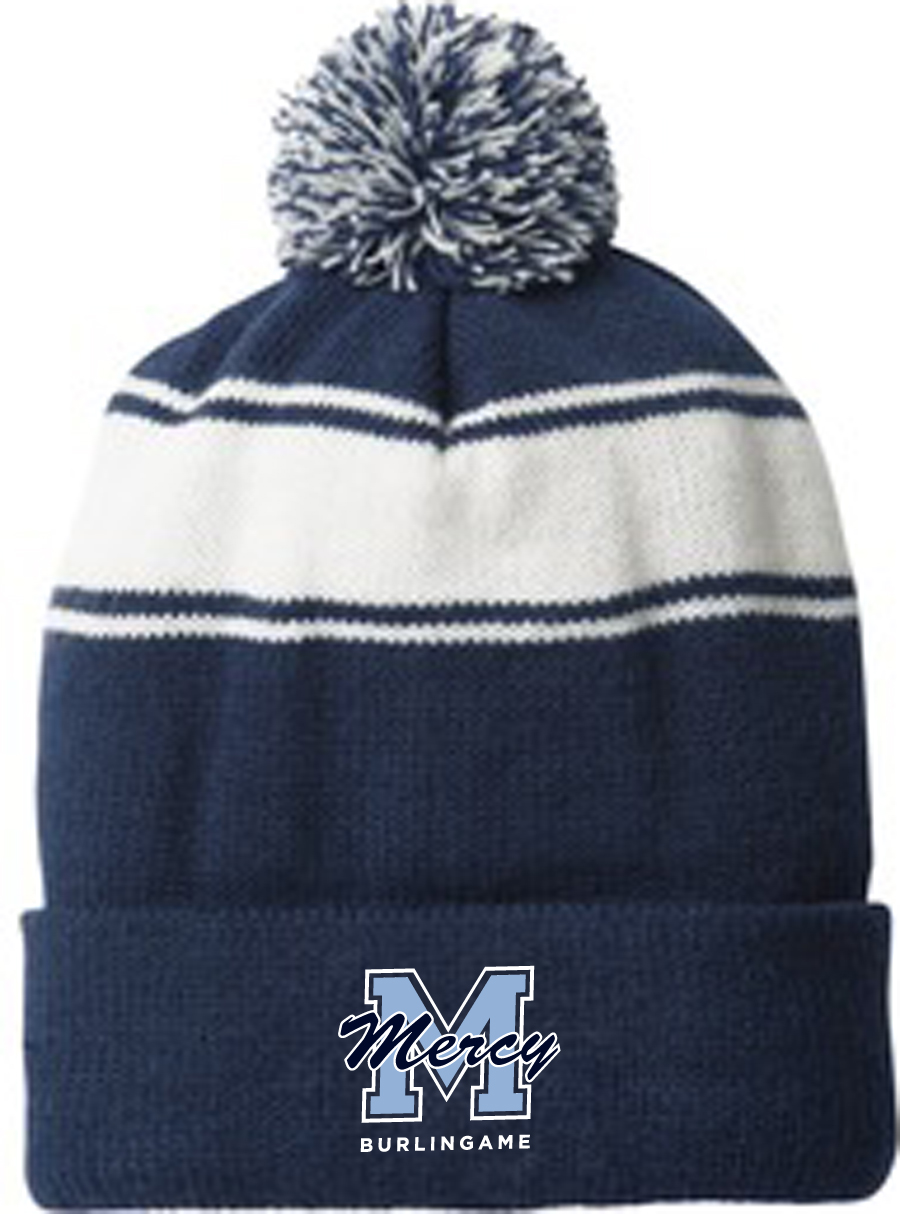 SportTek Stripe Pom Pom Beanie, Navy/White